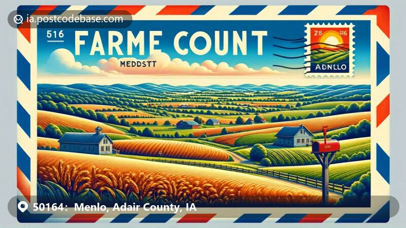Illustration of zip code 50164 in Menlo, IA, showcasing rural landscape and community spirit.