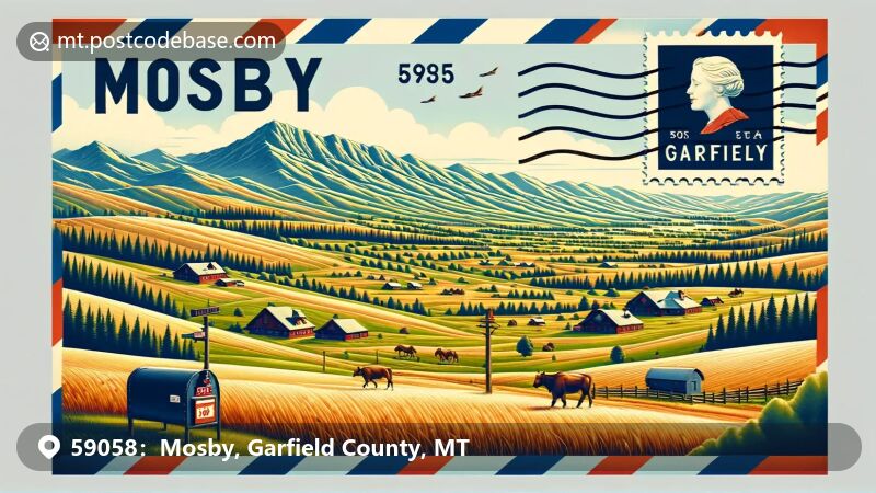 Illustration of zip code 59058 in Mosby, Montana, showcasing the state flag and rural landscape.