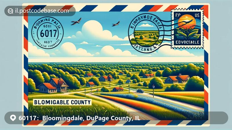 Bloomingdale, IL illustration, zip code 60117, featuring Bloomingdale Park District and Illinois Prairie Path.