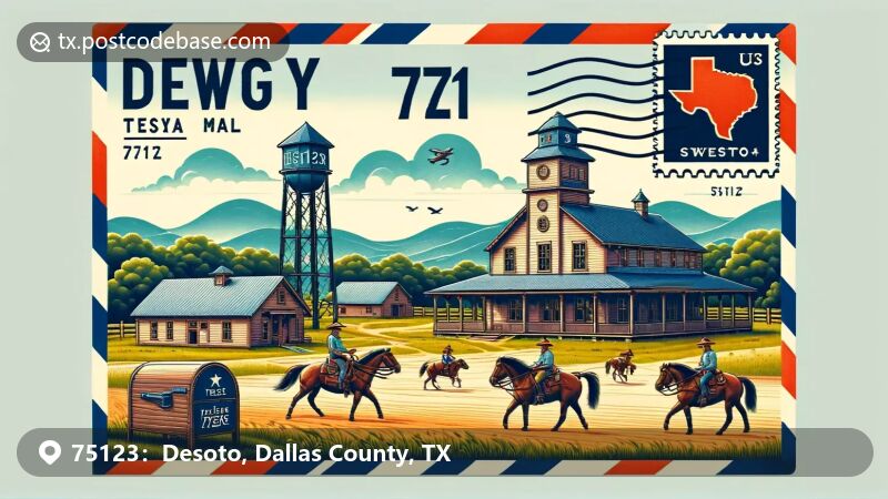 DeSoto, TX illustration, rodeo scene, Dallas County Courthouse, zip code 75123.