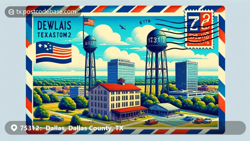 Dallas, Texas illustration, featuring Reunion Tower and Dealey Plaza, zip code 75312.
