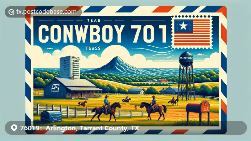 Arlington, Texas illustration, zip code 76019, AT&T Stadium and cowboy culture.