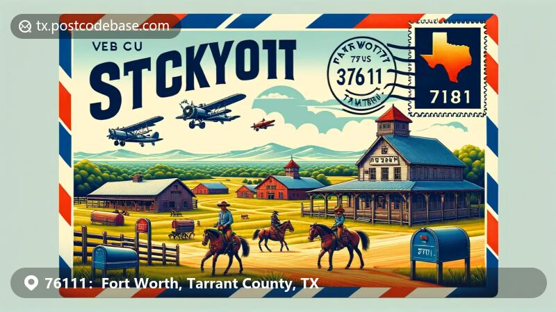 Fort Worth, Texas illustration, zip code 76111, featuring Fort Worth Stockyards and cowboy culture.