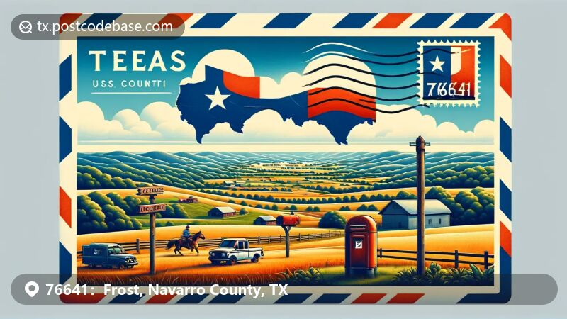 Frost, TX illustration, zip code 76641, featuring Texas state flag and cowboy boots.