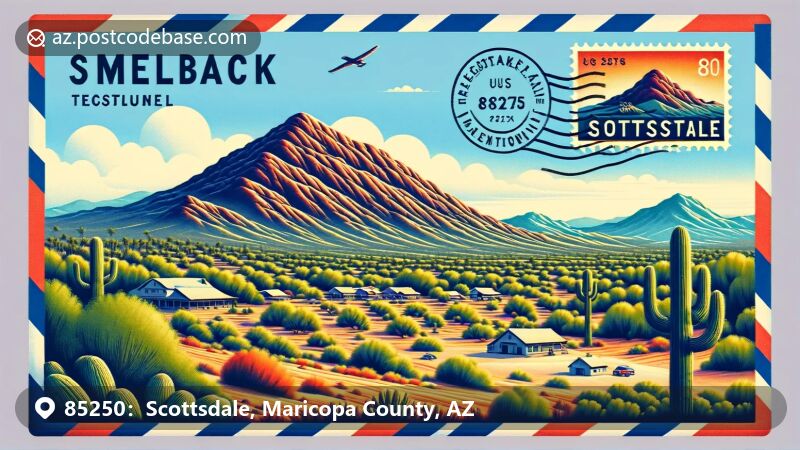 Scottsdale, AZ illustration, zip code 85250, Camelback Mountain and Scottsdale Museum of the West.