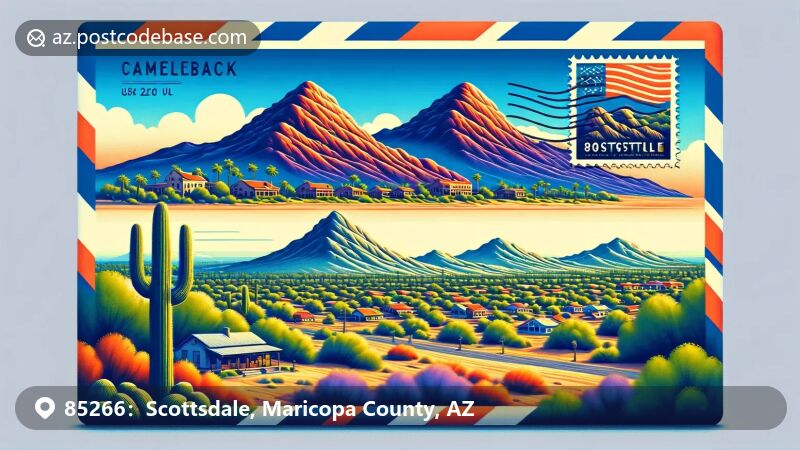 Scottsdale, Arizona illustration, zip code 85266, featuring Camelback Mountain and Old Town Scottsdale.