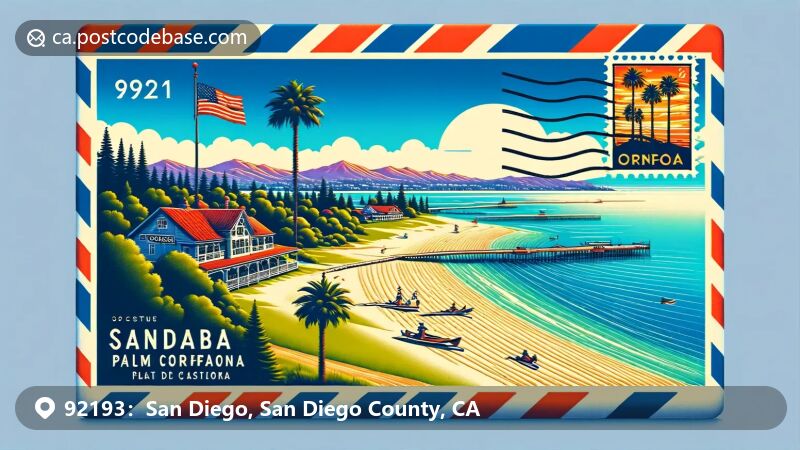 San Diego, CA illustration, zip code 92193, Hotel del Coronado and Coronado Island.