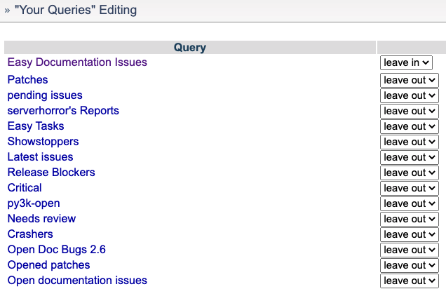 Filtering issues with queries at bugs.python.org